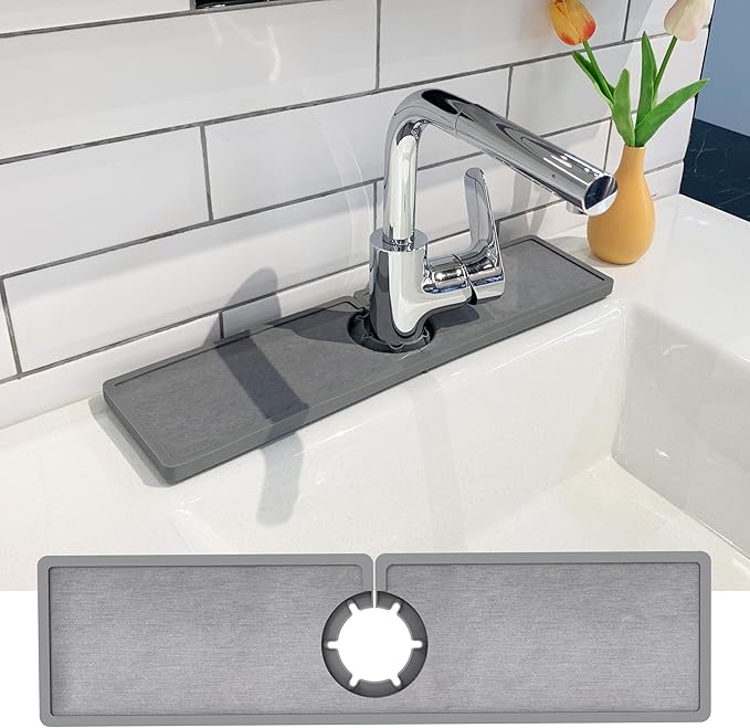 Gosmol Faucet Mat - Silicone & Stone Drying Mat, Water Absorbing Stone Tray - Prevents Moisture Buildup - Sink Splash Guard - Grey