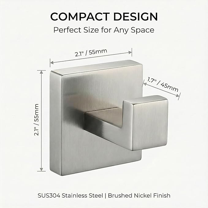 Brushed Nickel Hand Towel Hook 2-Pack, Geometric Series - Stainless Steel Towel Hooks for Bathrooms, Modern Wall Mount Bath Towel Holder with Industrial SUS304 Core