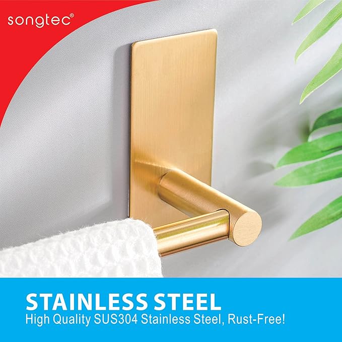 Songtec Gold Towel Bar 12-Inch, Adhesive Stick On Bath Towel Rack No Drill, Strong Adhesion Tape Mount Towel Holder, Stainless Steel - Brushed Gold