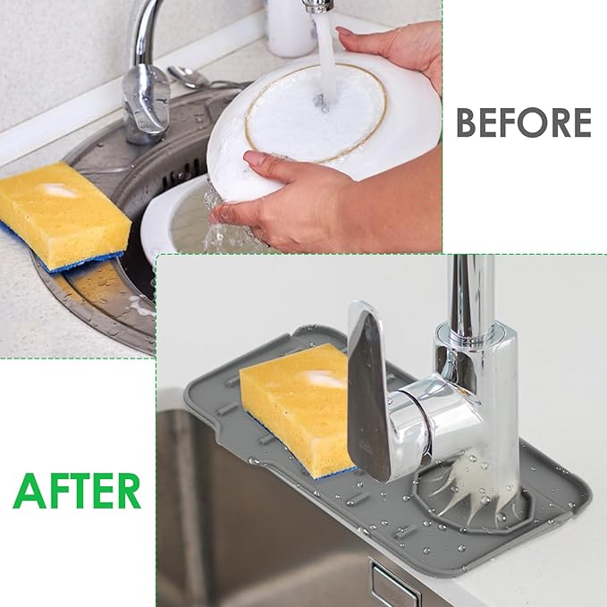 2Pcs Silicone Sink Faucet Splash Guard Mat, Soap Dish Pad Faucet Handle Drip Catch Sponge Holder Sink Protector Tray with Outlet & Slope for Bathroom Kitchen Countertop RV Gadget 8.3 x 5.3 Inch