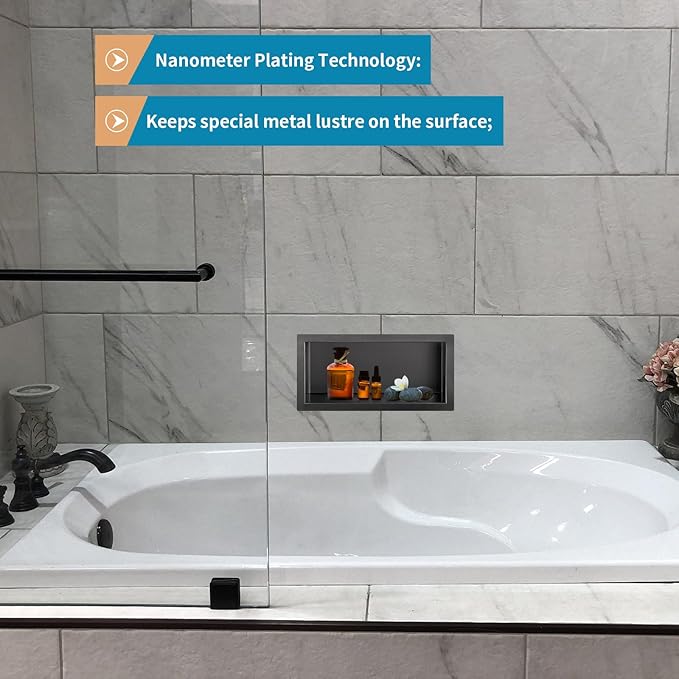 12"×6" Shower Niche Brushed Stainless Steel, Recessed Shower Caddy, Bathroom Shelf Insert Fits for 11"x5.1" Wall Hole Installation (Light Black)