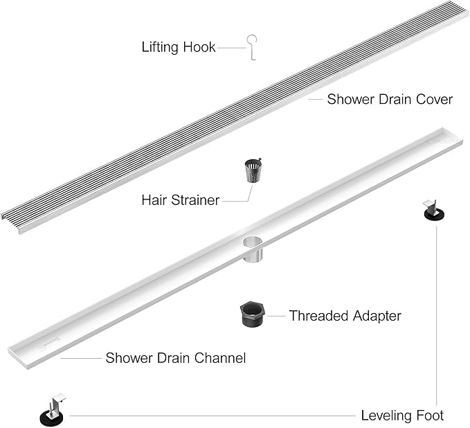 304 Stainless Steel Shower Drain, Removable Grate & Hair Catcher Bathroom Floor Drain with Waterproof Design for Tile Floor, CUPC Compliant (Brushed Finish, 60 Inch)