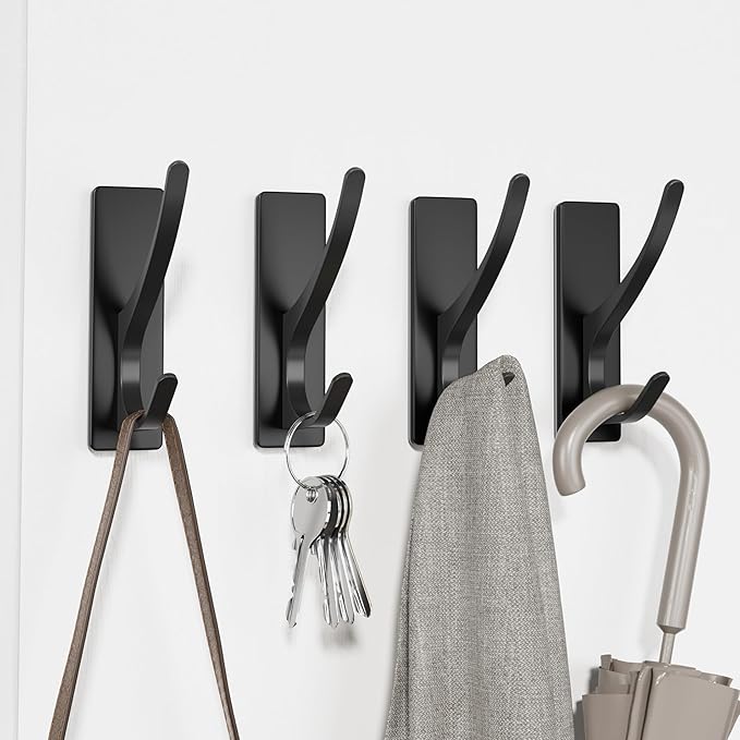 10 Pack Self Adhesive Coat Hooks for Hanging: Heavy Duty Stainless Wall Hook for Towel, Utensil, Backpack, Hat, Sturdy Metal Hanger for Bathroom, Kitchen, Door, Matt Black