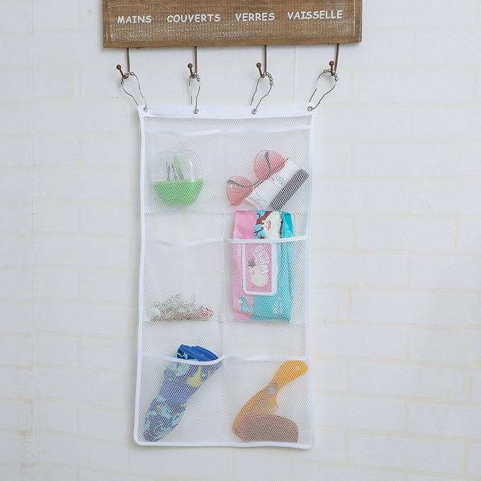 Bsagve 2 Pack Mesh Hanging Caddy Organizer with 6 Pockets, Shower Curtain Rod Liner Hanging Storage Pockets Bathroom Hanger, Bath Toy Holder