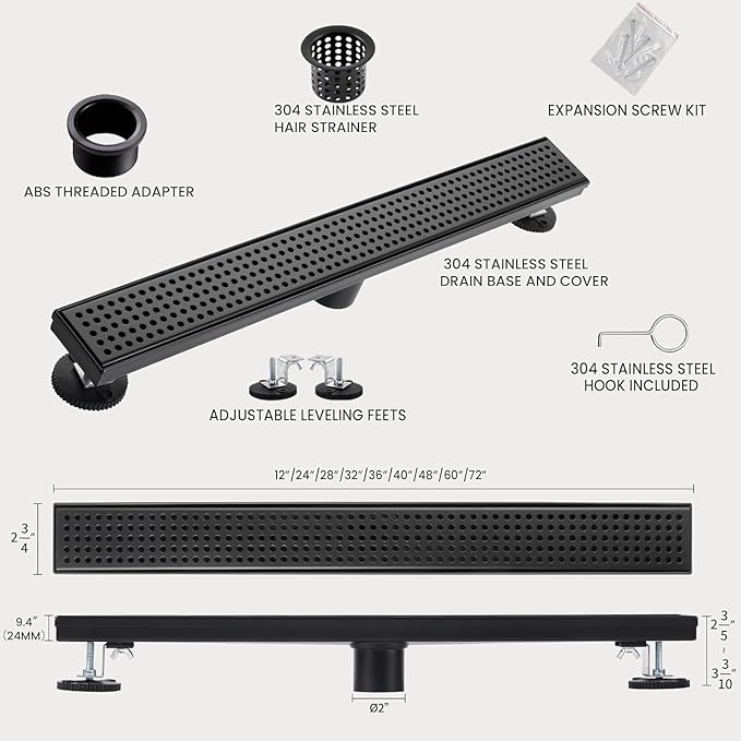 12 Inch Linear Shower Drain, Matte Black Shower Drain,Removable Grate, 304 Stainless Steel, Easy to Install and Clean for Bathrooms (Drain Base Not Included), LSD-04A-12B