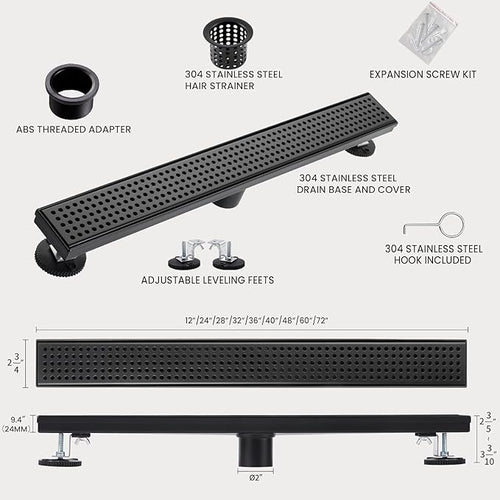 12 Inch Linear Shower Drain, Matte Black Shower Drain,Removable Grate, 304 Stainless Steel, Easy to Install and Clean for Bathrooms (Drain Base Not Included), LSD-04A-12B