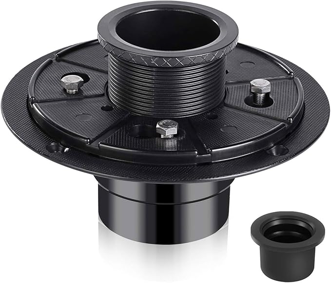 Shower Drain Base Flange Kit ABS Base, 2 inch Adjustable Thread Adapter with Rubber Gasket for No Hub Linear & Square Drain Installation