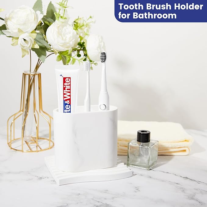 Diatomite Toothbrush Holders for Bathrooms, Electric Tooth Brush and Toothpaste Holder for Bathroom Countertop, Marble White Bathroom Accessories, 2 Slots Toothbrush Organizer