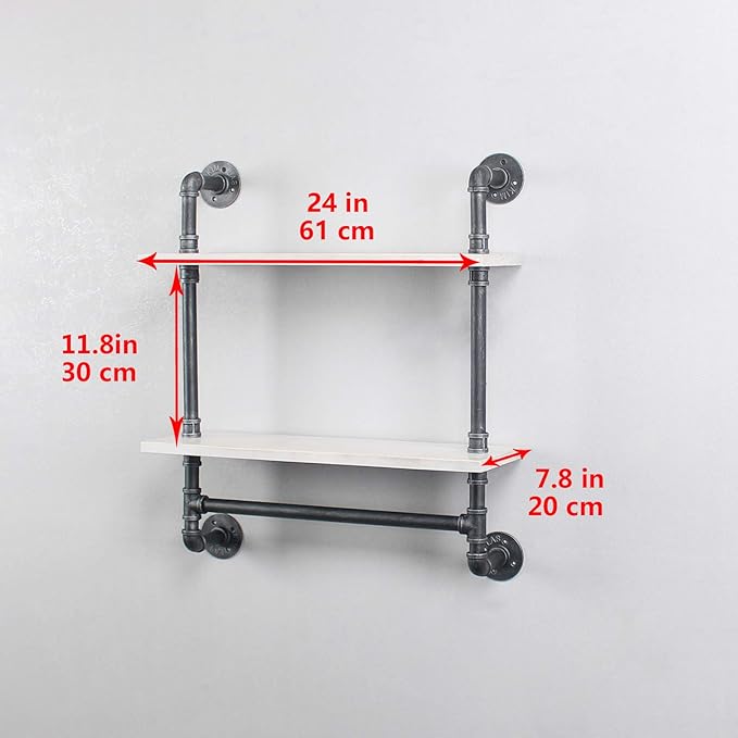 Iron Pipe Shelves Industrial Bathroom Shelves with Towel bar,24in Rustic Metal Pipe Floating Shelves Pipe Wall Shelf,2 Tier Industrial Shelf Wall Mounted,Retro White