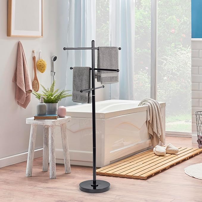MyGift 6 Bar Free Standing Outdoor Pool Towel Rack, Modern Hot Tub Bathroom Accessories Storage Holder for Bath Towels, SPA & Poolside Towel Stand with Round Weighted Base (Dark Brown)