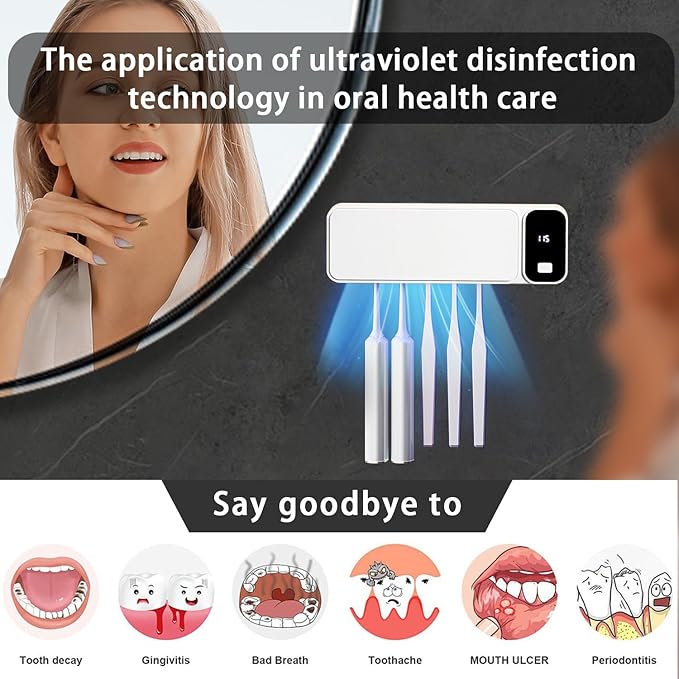 Sanitizeri Toothbrush Cleaner with 5 Slots, Rechargeable Wall Mounted Toothbrush Holders for Bathroom Family, No Drilling Smart Timer Function Auto Cleaning, Birthday Gift Pick