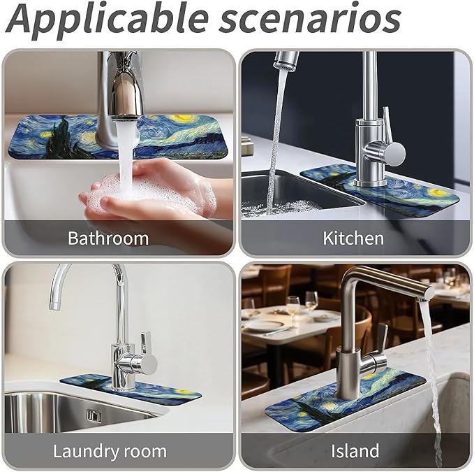 Kitchen Sink Splash Guard，Starry Night Faucet Mat Sink Gadgets-Super Absorbent Fast Drying Mat Drip Catcher for Kitchen, Bathroom,Sink Mat, Dish Drying Mat, Bathroom(15" X 5.5" )