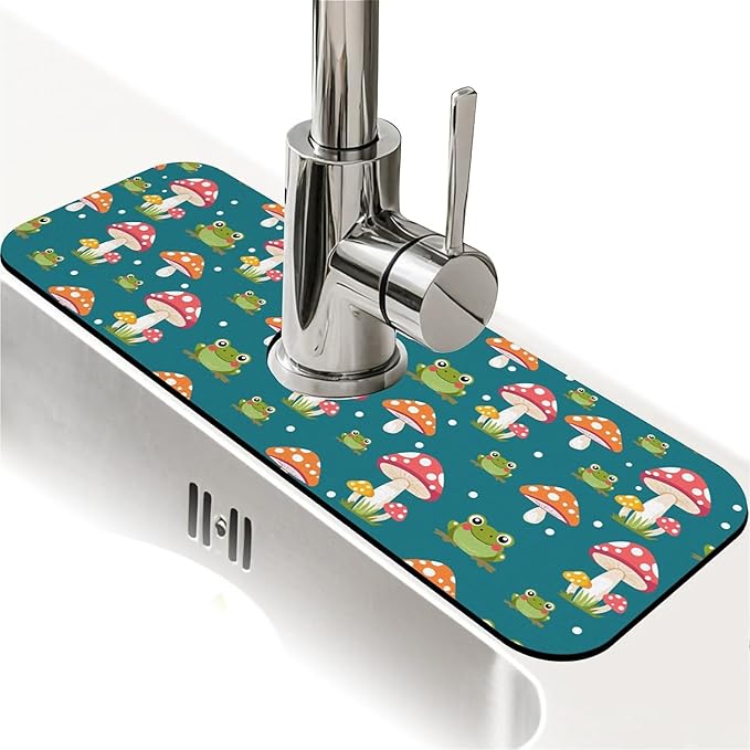 Faucet Draining Mat For Kitchen Sink, Red Mushroom Frog Diatom Mud Absorbent Drain Pad For Bathroom Kitchen Sink Splash Guard Drying Mat