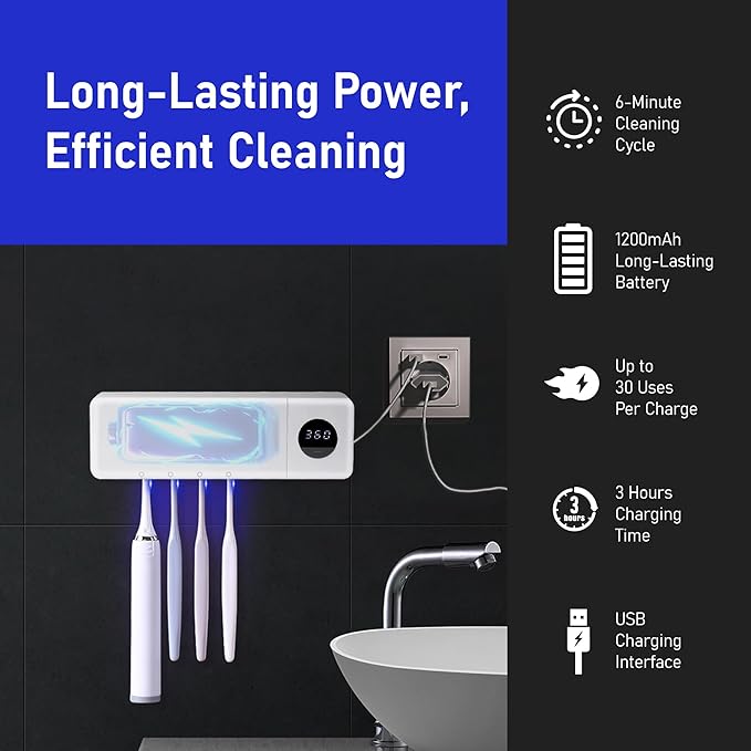 UV Toothbrush UV Light Cleaning Holder - Rechargeable Tooth Brush Smart Cleaner with Light Cleaning Air Drying - Bathroom Wall Mount Holders Cleaning and Drying
