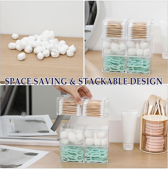 2 Pack Bathroom Container with Divider, Plastic Vanity Storage Canister Jars with Lid for Cotton Balls, Makeup Pads, Cosmetics Sponges, Floss Picks, Clear Desk Drawer Organizer Box
