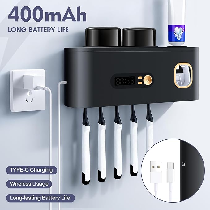 Toothbrush Holders Cleaner & Dryer for Bathroom,LXIANGN Smart Wall Mounted Toothbrush Holders with Countdown LED Screen,5 Toothbrush Slots,2 Cups and Toothpaste Dispenser (Grey)