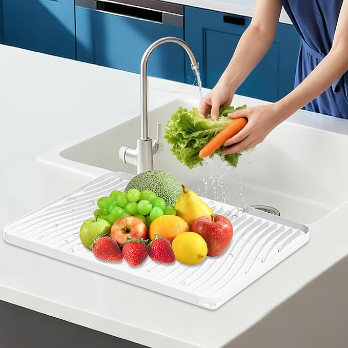 Silicone Dish Drying Mat for Kitchen Counter, Dish Drying Pad, Non-Slip Drain Pad with Built-in Drain, Heat Resistant Stone Drying Mat, Ivory-19.7" x 17"