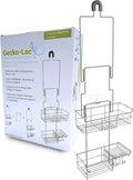 Gecko-Loc Extra-Long Adjustable Over-the-Showerhead Shower Caddy – Rustproof Stainless Steel Organizer with Suction Stabilizer, Deep Basket & Hooks – No-Drill, Tool-Free Installation (Silver)