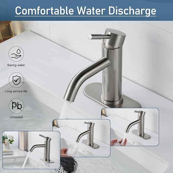 Bathroom Faucets, Brushed Nickel Single Hole Bathroom Sink Faucet Modern Single Handle Vanity Sink Faucet 1 Hole with 3 Hole Deck Plate, Pop Up Drain