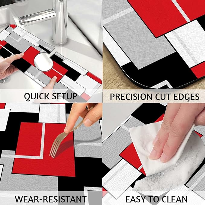 MCALK Geometric Red Kitchen Sink Faucet Mat Splash Guard, Absorbent Quick-Dry Kitchen Sink Mat - Ideal for Splash Guard & Drip Catching with Modern Art Decor( 1pc 15"x5.5")