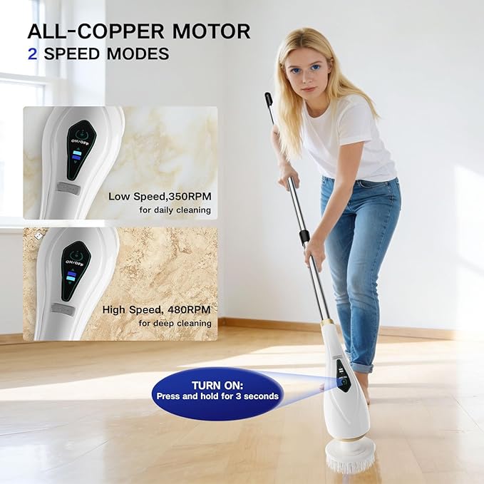 Electric Spin Scrubber with 10 Replaceable Brush Heads, Extendable Handle Up to 59", 2 Speed Modes, Waterproof, Cordless Cleaning Brush, 2H Cleaning Time,Perfect for Home, Bathroom,Kitchen