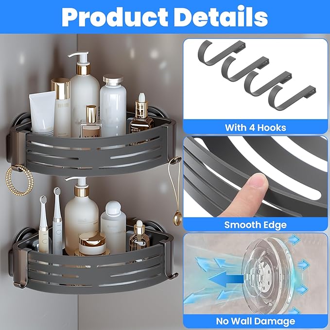 2 Pack Corner Shower Caddy Suction Cup Rust-proof aluminum alloy With 4 hooks No drilling required Removable Waterproof Nathroom Storage Rack for Shampoo, Shower Gel, Razors