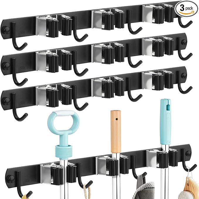 3 Pack Black Mop and Broom Holder Wall Mount Self Adhesive 3 Racks with 4 Hooks Broom Organizer Wall Mount Stainless Steel Broom Hanger for Home Kitchen Garden Laundry Garage Organization Storage