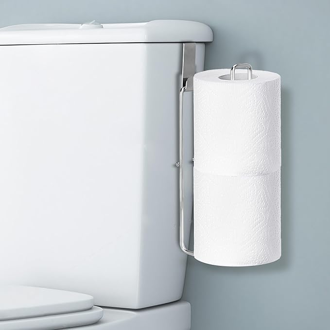Bathroom Toilet Paper Holder with Storage Extra 2 Rolls, Over The Tank Toilet Paper Holder Wall Mount, Small Restroom Organizer, Adhesive RV Tissue Storage, Stainless Steel, Silver, 1PC