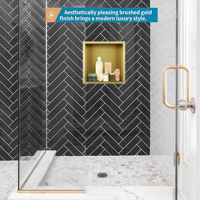 12"×12" Shower Niche Brushed Stainless Steel, Recessed Shower Caddy, Bathroom Shelf Insert Fits for 11"x11" Wall Hole Installation (Gold)