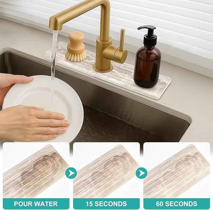 Small Diatomite Kitchen Sink Faucet Mat Water Absorbing Stone Tray Quick Drying Stone Mat for Kitchen Sink Protector Splash Guard Behind Faucet Water Absorbent Mats for Bathroom Counter Decor