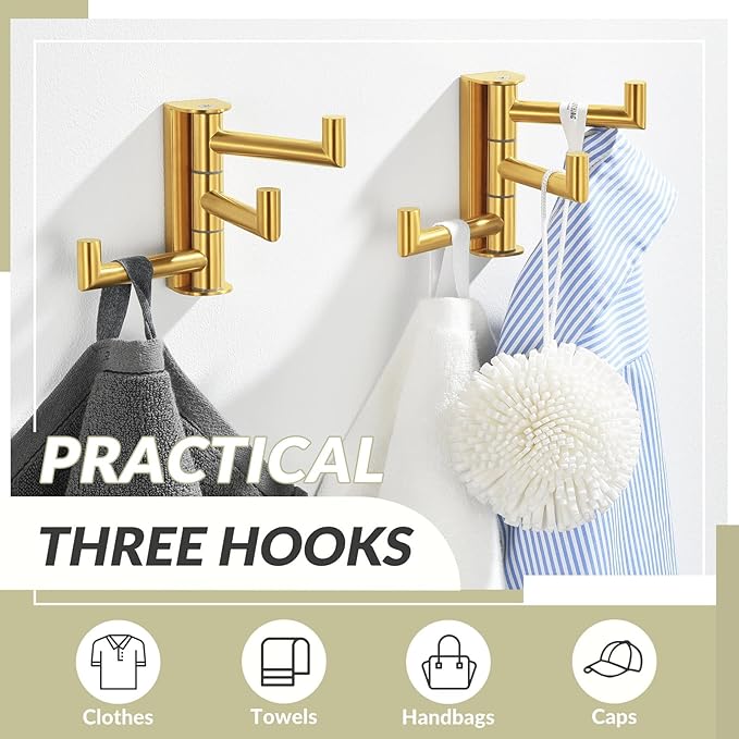 APLusee Brushed Gold Swivel Towel Hook 2 Pack, 304 Stainless Steel Triple Clothes Hook, Wall Mount
