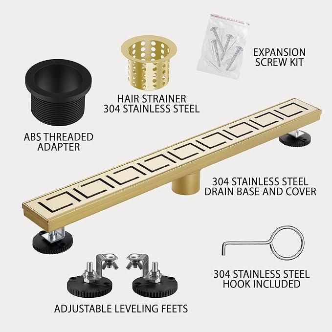 48 Inch Linear Shower Drain, Brushed Gold Shower Drain, Removable Grate, 304 Stainless Steel, Easy to Install and Clean for Bathrooms (Drain Base Not Included), LSD-30A-48G