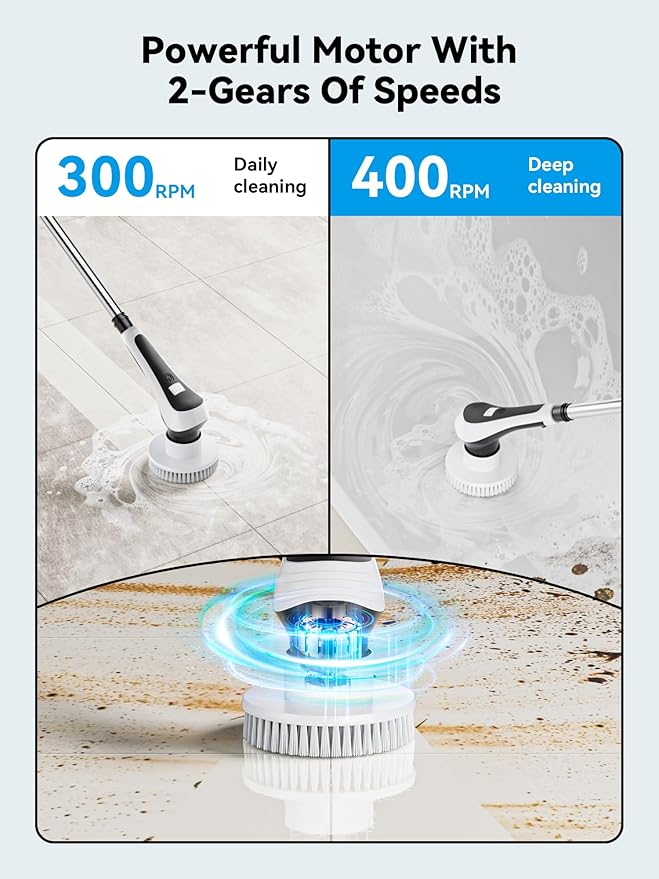 Electric Spin Scrubber,Cordless Cleaning Brush with Power Display Screen,IP68 Waterproof Shower Cleaning Brush with 8 Replaceable Brush Heads,Adjustable & Detachable Handle and 2 Adjustable Speeds