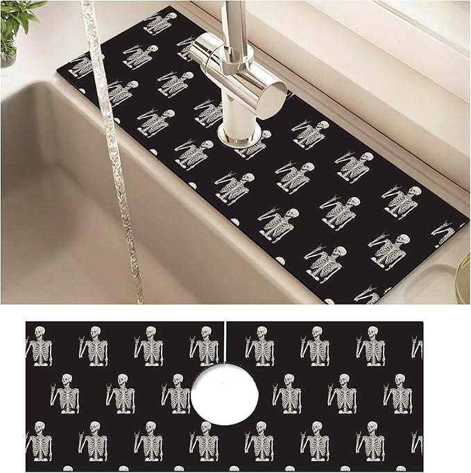 Absorbent Splash Guard Mat for Kitchen Sink, 15×5.5 Inch Cute Fast Drying Drip Catcher Behind Faucet Mat, Non-Slip, Washable Sink Mat Gadgets for Bathroom, Kitchen, Bar Cute Skeleton
