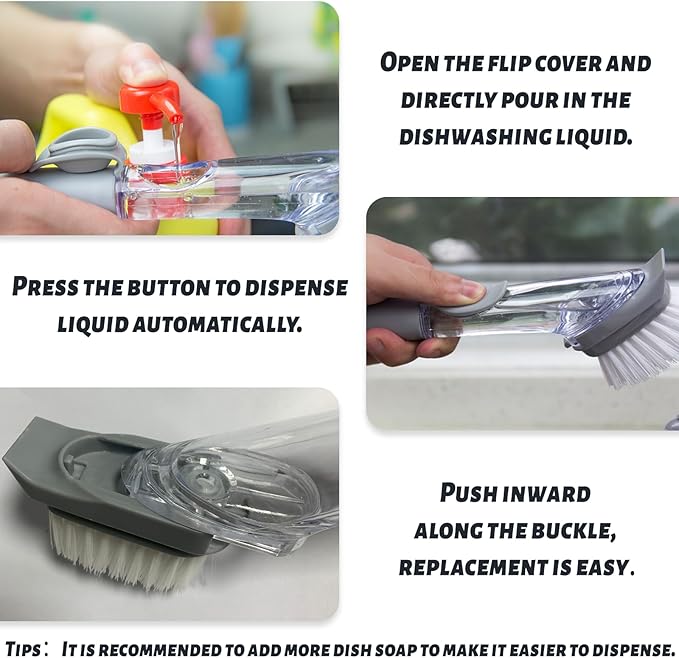 Dish Brush,Dish Scrubber with Soap Dispenser Dish Wand Kitchen Brushes for Dishes Includes Three Brush Heads