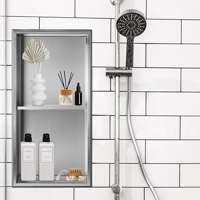 12"×24" Shower Niche with Divider, Brushed Stainless Steel Bathroom Shelf Insert, Double Recessed Shower Caddy Fits for 10-7/8" x 22-7/8" Wall Hole Installation (Nickel)