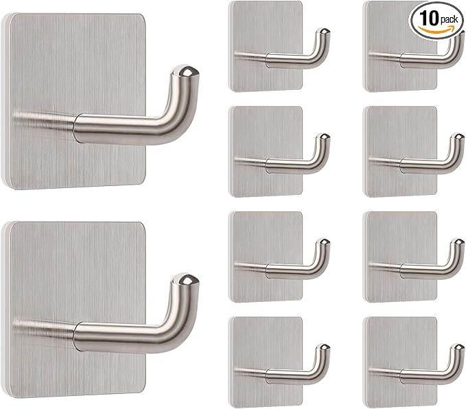 Livabber Adhesive Towel Hooks, 304 Stainless Steel Self Sticky Wall Hooks Waterproof Shower Hooks for Robe/Clothes, No Drilling Towel Hangers for Bathroom Kitchen Bedroom (Brushed Nickel, 10 Packs)