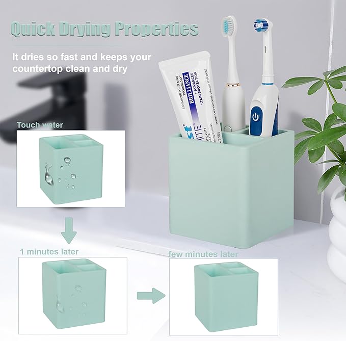 Diatomite Toothbrush Holders for Bathrooms, Electric Toothbrush and Toothpaste Holder 3 Slots Tooth Brush Organizer for Bathroom Countertop, Shower, Vanity - Green