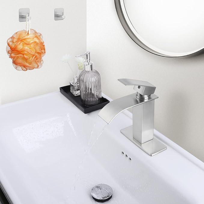 Waterfall Bathroom Faucet 3 Hole, Homikit 18/10 Stainless Steel Brushed Nickel Single Handle Bathroom Sink Faucets Set for Sink 1 or 3 Hole for RV Vanity with Drain, Hooks, Deck Plate, Hoses