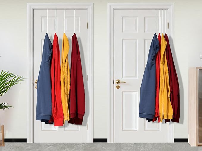 Over The Door Metal Hooks with Plastic Coating 14.2" Fit 0.5" to 1 3/8" Door 4 Pcs Heavy Duty Single Towel Robe Rack Wreath Bathroom Shower Hanger Shoe Organizer Ironing Board Long White
