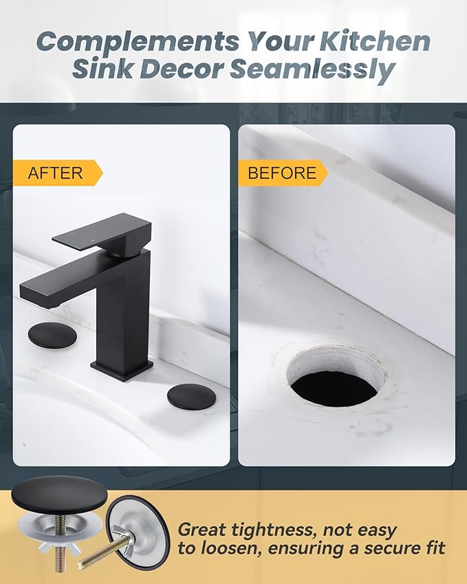 Brass Metal Faucet Hole Cover, 2-PCs Plug for Sink Countertop, Matte Black