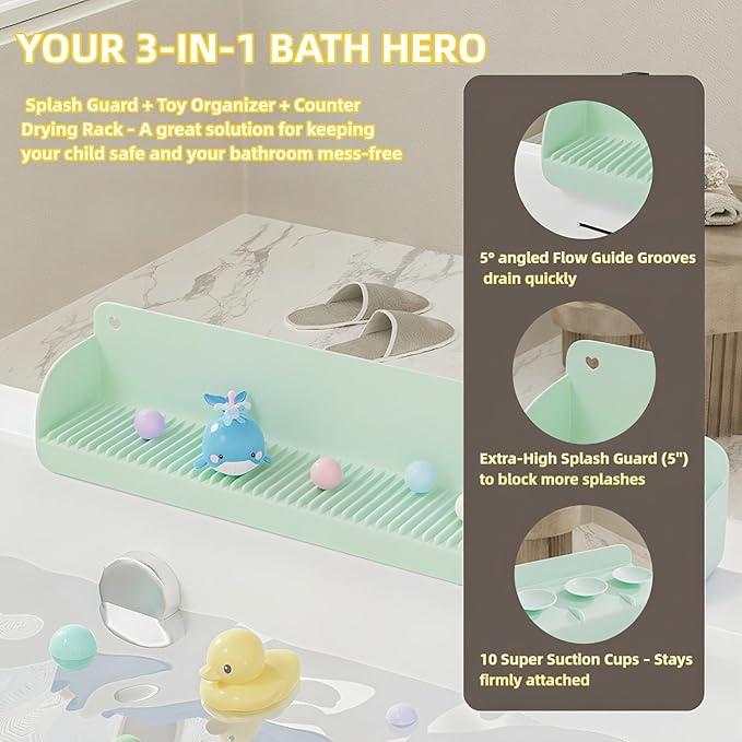 Silicone Bathtub Splash Guard 2-Ft, Toy Tray Holder with 10 Strong Suction Cups, Heightened Guard Design & Quick-Drain Slope Prevent Water Spills, Bathtub Accessories Gift for Family (White)