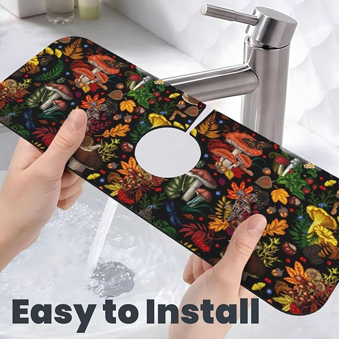 Mushroom Forest Butterfly Kitchen Sink Splash Guard Faucet Mat 1 Pcs, Absorbent Fast Drying Mat Gadgets Splash Guard For Bathroom 15 X 5.5 Inches