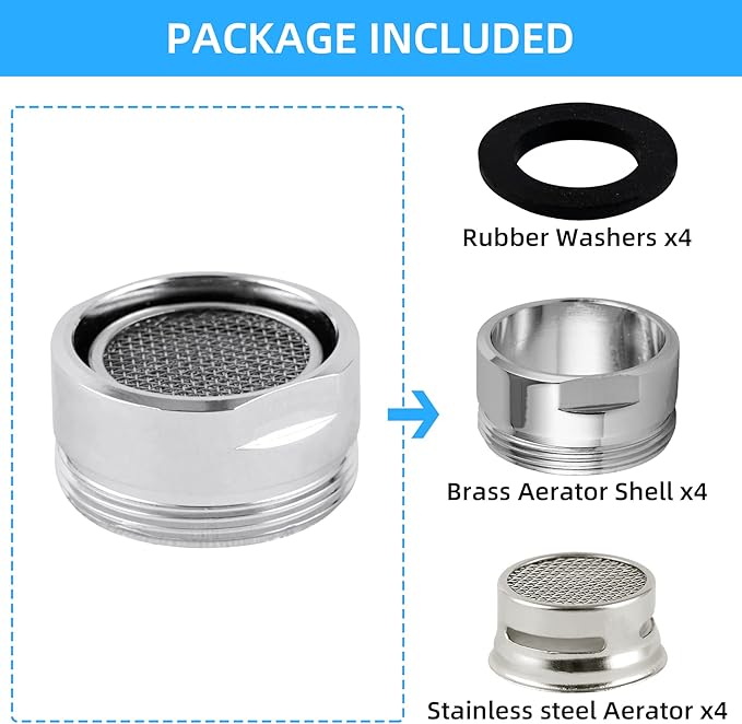 iFealClear 4 Pack Stainless Steel Faucet Aerator, Kitchen Sink Faucet Aerator Adapter with Brass Shell, 15/16 Inch/24 mm Male Thread Water-conserving Filter with Gasket for Bathroom, Chrome