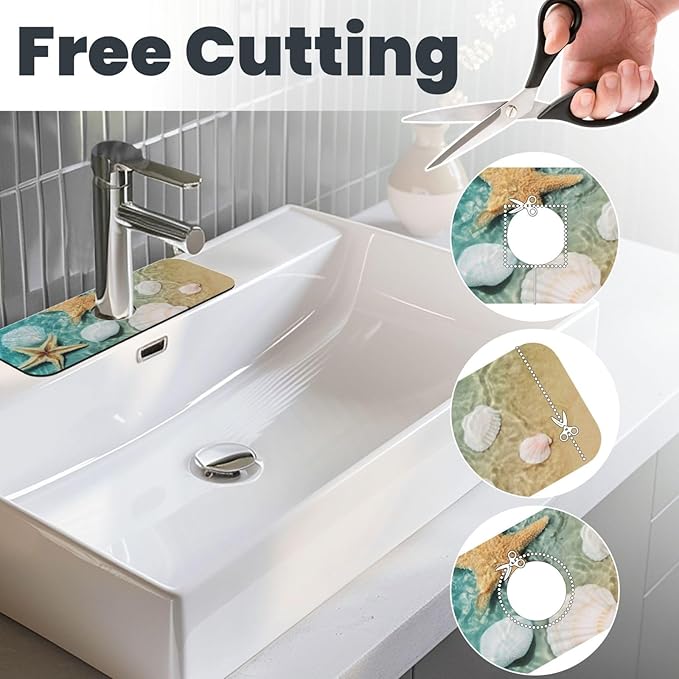 Sea Shells Star Fish Ocean Beach Tide Pool Kitchen Sink Splash Guard Faucet Mat 1 Pcs, Absorbent Fast Drying Mat Gadgets Splash Guard For Bathroom 15 X 5.5 Inches