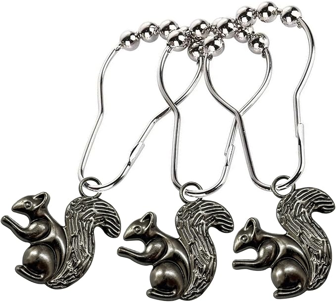 ZILucky12 Pcs Squirrel Shower Curtain Hooks, Stainless Steel Rustproof, Shower Curtain Rings, Minimalist Modern Decorative Design (Black-Squirrel)