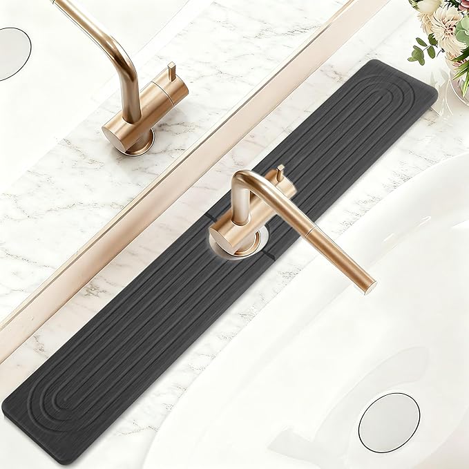Fast Drying Faucet Mat for Kitchen Sink - 24 Inch Quick Dry Stone Diatomite Faucet Splash Guard & Drip Catcher with Sponge Foot Pads for Kitchen Sink, Bathroom Tray Counter Prevents Moisture Buildup