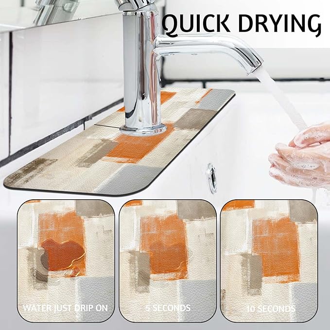 MCALK Orange Kitchen Sink Faucet Mat Splash Guard, Absorbent Quick-Dry Kitchen Sink Mat - Ideal for Splash Guard & Drip Catching with Abstract Art Decor( 1pc 15"x5.5")