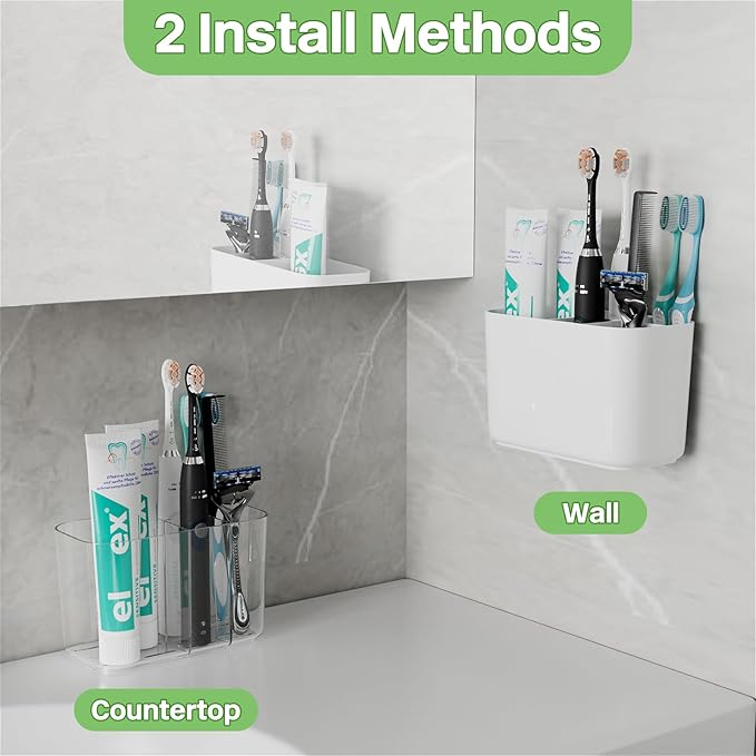 Toothbrush Holder for Bathroom Countertop and Wall with Adhesive, 5 Slots Family Size Electric Tooth Brush and Paste Holder, Kids Tooth Rush Holders and Toothpaste Organizer - White