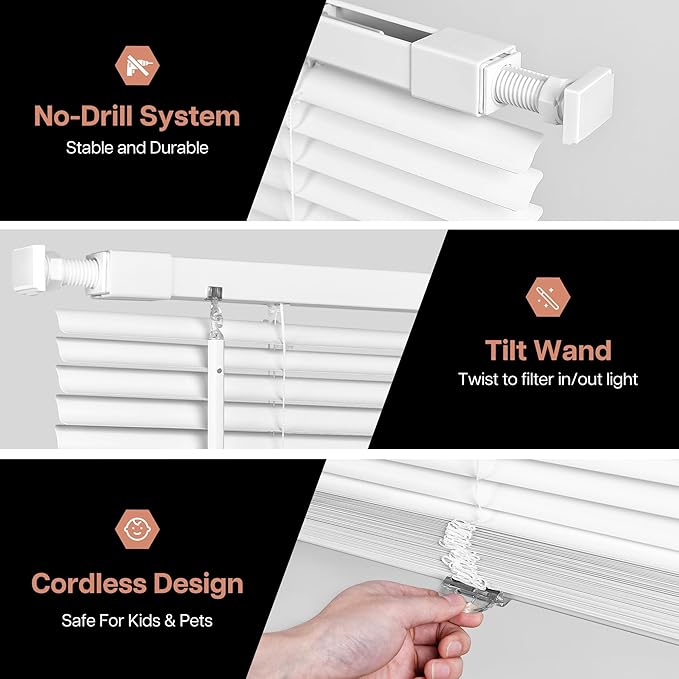 LazBlinds No Tools No Drill Cordless 1" Vinyl Mini Blinds, 100% Privacy S-Curve Blinds for Indoor Windows, Room Darkening Horizontal Window Blinds and Shades for Home, 47" W x 64" H, White